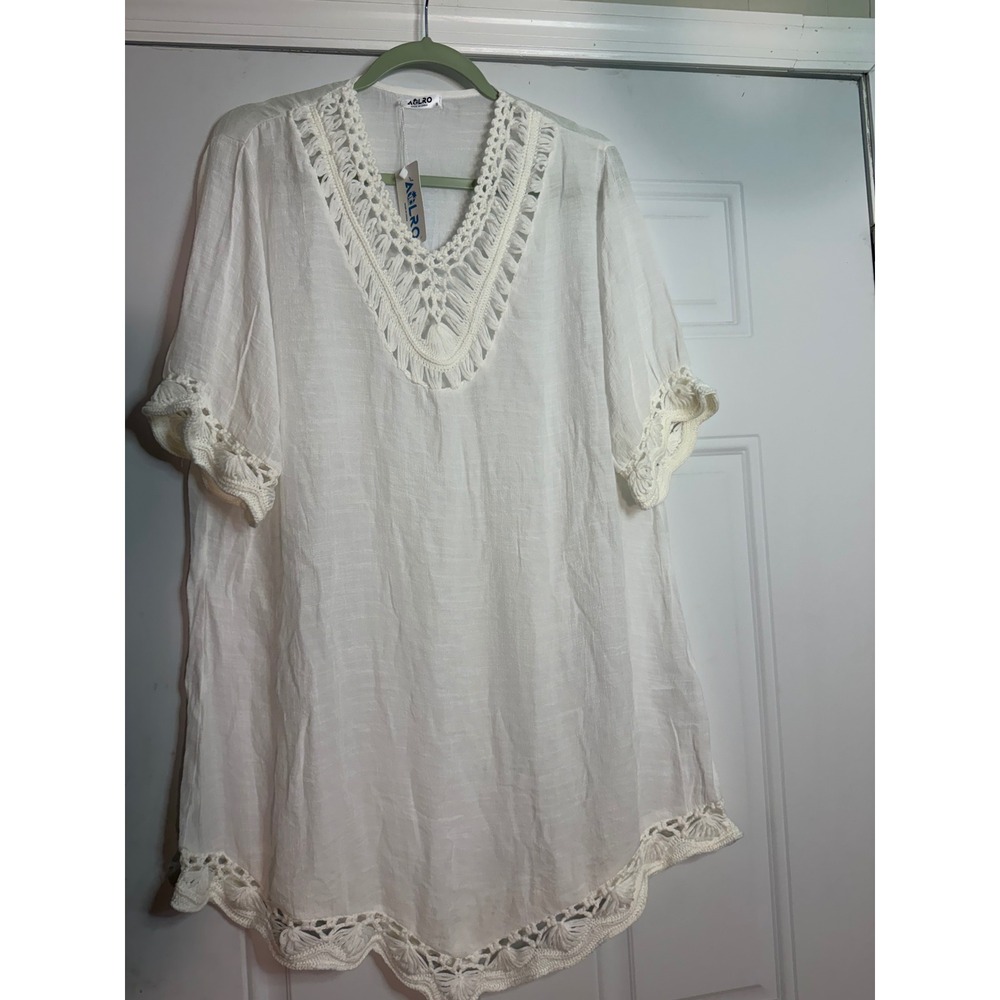 AOLRO Women White Crochet Lace V-Neck Beach Cover Up Dress Short Sleeve Small